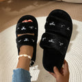 Pink Bowknot Embroidery Fluffy Fur Shoes Women Autumn Lightweight Indoor House Cotton Slippers Woman Flat Plush Floor Slippers