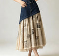 Plus Size Irregular Denim Waist Spliced Vintage Newspaper Print Chiffon Skirt, Women Layered Pleated Midi Skirt