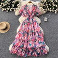 French Retro V-Neck Ruffle Sleeves Pleated Floral Dress For Women 2025 Summer High Waist Slimming Chiffon Long Dress w104