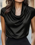 Women Satin Cowl Neck Blouse Cap Short Sleeve Solid Color Elegant Office Lady Shirt Tops