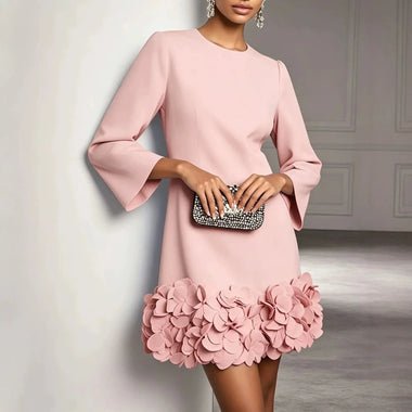 Women Round Neck Flare Sleeve Mini Dress 3D Floral Petal Hem Elegant Solid Short Dress Wedding Guest Cocktail Party Formal Dress