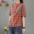 Women Spring Summer Style Blouses Lady Casual Short Sleeve Stand Collar Plaid Printed Blouses Tops