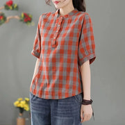 Women Spring Summer Style Blouses Lady Casual Short Sleeve Stand Collar Plaid Printed Blouses Tops