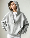 2026 Women Solid Full Zip Up Hoodie Casual Loose Pocket Hooded Jacket Soft Long Sleeve Sweatshirt Autumn Winter Couple Outerwear