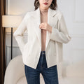 Miyake Pleated Women Cream Ribbed Knit Blazer Lapel Double Breasted Long Sleeve Slim Jacket Elegant Office Outerwear