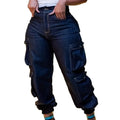 Womens Plus Size Cargo Jeans High Waist Multi Pockets Baggy Denim Jogger Pants Casual Streetwear Loose Fit Elastic Cuff Trousers