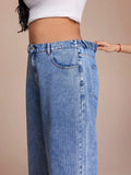 Curvy Plus Size Light Blue Washed Denim Wide Leg Pants, All Over Crystal Rhinestone Y2K High Waist Loose Jeans for Women