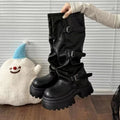 Y2K Women Slouch Knee High Boots Round Toe Faux Leather Multi Buckle Strap Thick Platform Sole Pull On Tall Boots