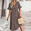 plus Size Floral Print V-Neck Ruffled Short Sleeve Dress Elegant Comfortable Skirt for Vacation Wear