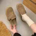Women Suede Clog Mules, Round Toe Metal Buckle, Slip‑on Backless Design,Soft Flat Sole, Casual Retro Outdoor Daily Slipper Shoes