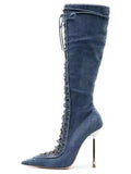 2026Spring/Summer New Lace Up Short Cool Boots Side Zipper Banquet Slimming High Heels Sexy Knee Length Women's Boots