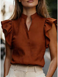 Women Stand Collar V Neck Ruffle Sleeveless Blouse Solid Color Office Shirt Tops