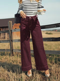 Autumn new women's wine red high waist wide leg jeans stretch fabric button placket jeans soft and comfortable slim washed jeans