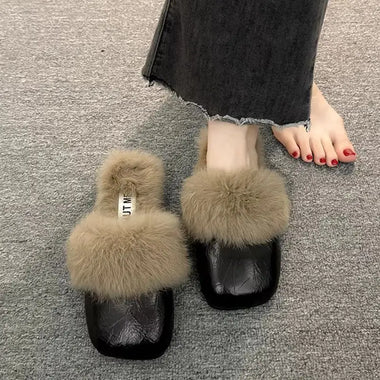 Autumn Winter Fashion Outdoor Women's Flat Slippers Warm Non Slip Plush Shoes Lightweight Comfortable Casual Half Slippers