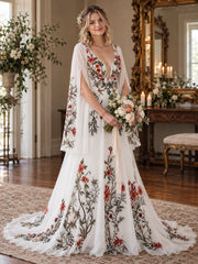 Boho Floral Embroidered Chiffon Wedding Dress for Brides Long Sleeve Deep V Neck Backless A Line Bridal Gown with Train