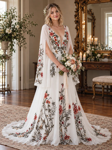 Boho Floral Embroidered Chiffon Wedding Dress for Brides Long Sleeve Deep V Neck Backless A Line Bridal Gown with Train