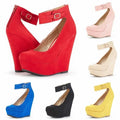 Women Wedge Pumps Sexy Leopard Flock Buckle Bowtie Round Toe Ankle Strap High Heels Platform Wedges Female Party Wedding Shoes