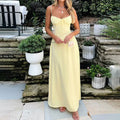 Women Summer Solid Spaghetti Strap Maxi Dress Tie Front Bust Corset Waist Long Dress Elegant Holiday Beach Party Casual Sundress