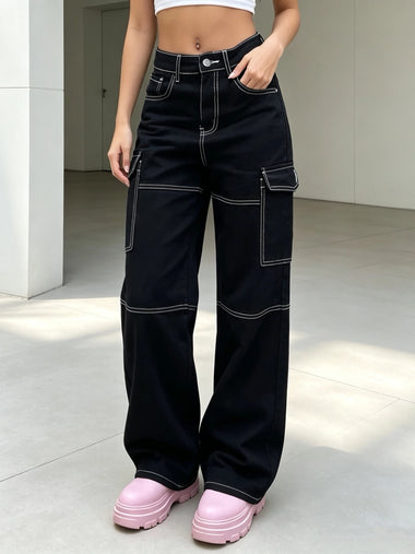 Women's High Waist Black Cargo Jeans Contrast Stitch Wide Leg Denim Pants with Multiple Pockets Casual Streetwear Trousers