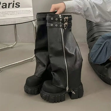 Women Biker Boots Fashion Belt Buckle Ladies Elegant Platform Long Pipe Booties Casual Women's Knee High Booties