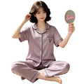 Noble and Luxurious Letter V Summer Women's Sleepwear Striped Ice Silk Cool Short Sleeved Pants Home Suit Set Ladies Nightwear