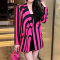 Rose Red Zebra Stripes Loose Blazers for Women Y2K European Designer Jacket Fashion Party Formal Aesthetic Coat Spring Casual
