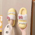 Sweet Bowknot Design Furry Fur Indoor Slippers 2026 Winter Warm Plush Home Slippers Women Soft Sole Non Slip Platform Girl Shoes