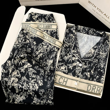 Spring and Autumn New Ladies Ice Silk Pajamas Homewear Suit Women Fashion Long-Sleeved Trousers Senior Sense of Homewear Suit