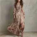 Spring Elegant Long Sleeve Boho Chiffon Long Dresses For Women O Neck Slim Vintage Floral Print High Waist Pleated Holiday Dress