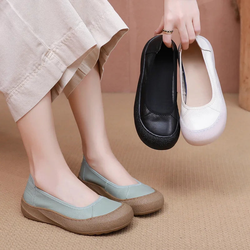 Spring Fashion Women's Loafers Genuine Leather Soft Moccasin Retro Summer Ballet Flats Ladies Shoes