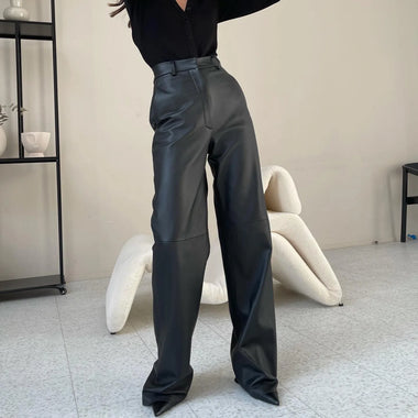 Women High Waist Pants THRUM Fashion Solid Color PU Leather Pants Women New Trendy Lady Commuting Clothing High Waist Straight Trousers Women's Pants