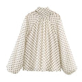 Fashion Lantern Sleeve Polka Dot Shirt Pleated Long Sleeve Lace Up Blouse Comfortable Breathable Chiffon Blouses Office Lady