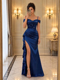 Gold Off Shoulder Satin Evening Dress Sparkly Beaded Bodice Ruched Mermaid Gown High Slit Ruffle Formal Prom Wedding Guest Dress