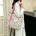 Fashion Canvas Tote Bag Floral & Lemon Print Open Top Single Shoulder Bag Large Capacity Handbag Women Girls