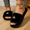 Fashion Crown Decoration Home Slippers for Women 2026 Winter Soft Sole Fluffy Slippers Warm Short Plush Open Toe Slides Shoes