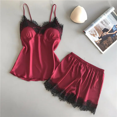 Summer Sexy Satin Pajamas Set 2 Piece Cami Top Shorts With Built In Bra Lace Trim Silk Sleepwear Plus Size Loungewear Nightwear