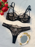 Women's Lingerie Set 2-Piece Women's Black Comfortable Lightweight Bow Semi Transparent Lingerie Set ZA824057