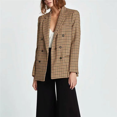 Vintage Bouble Breasted Plaid Women Blazer Pockets Jackets Female Retro Suits Coat Feminino blazers Outerwear high quality