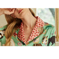 Spring 2025 Women's Pajamas Set Cute Cat Print Silk Like Two Pieces Long Sleeve Full Length Pants Trousers Sleepwear 41920