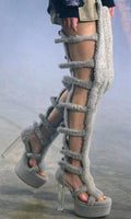 2026 New Fuzzy Flock Gladiator Thigh High Sandals Hollow Out Cut Out Stiletto Super Platform Heels Women Runway Show Party Shoes