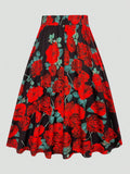 Vintage Rose Floral Print Swing Midi Skirt Women High Waist A Line Flared Skirt With Tie Belt Party Long Skirt