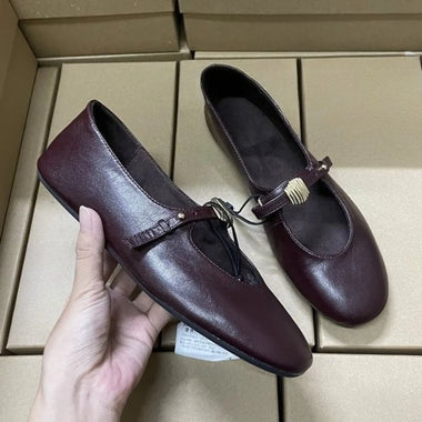 Leather Mary Jane Shoes for Women Buckle Strap Shallow Round Toe Retro Style Casual Street Outside Brand Ladies Ballet Flats