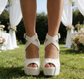 Women's High Heels Stiletto Women's White Lace Platform Stiletto Sandals – Peep Toe Rhinestone Ankle Strap High Heels for Wedding Bridal Party Prom