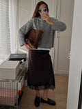Women Elegant Lace Patchwork Satin Skirt Chic Solid High Waist Loose Midi A-line Skirts Lady Holiday Party Street Wear 2026 New
