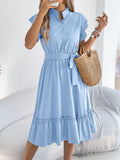 Summer Casual Woman Dress 2026 Fashion Solid Color Single Breasted Ruffle Edge Short Sleeve Dresses With Belt Khaki Blue Green