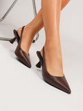 WOMEN BROWN SLINGBACK HEELS POINTED TOE LOW GEOMETRIC KITTEN HEEL BACKLESS PUMPS CASUAL OFFICE DATE WORK SHOES