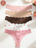 5 PCS Womens No Show Seamless Thong Panties, Hollow Heart Design, Soft Stretchy Ladies Underwear, Heart Print Intimate Lingerie