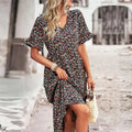 plus Size Floral Print V-Neck Ruffled Short Sleeve Dress Elegant Comfortable Skirt for Vacation Wear