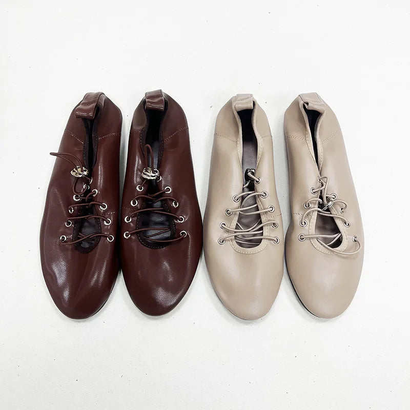 NEW Spring Lace Up Women's Shoes Soft Leather Outdoor Casual Ballet Flats Walking Large Gize Brand Comfortable Ladies Loafers