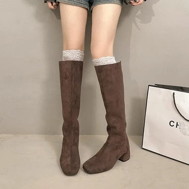 Women Faux Suede Knee High Boots Square Toe Block Heel Back Zip Slim Non Slip Vintage Casual Daily Commute Fall Winter Shoes